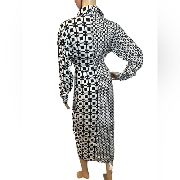 Steve Madden Size 4 Sula Black White Geometric Print Long Sleeve Midi (0447) - Picture 8 of 13
